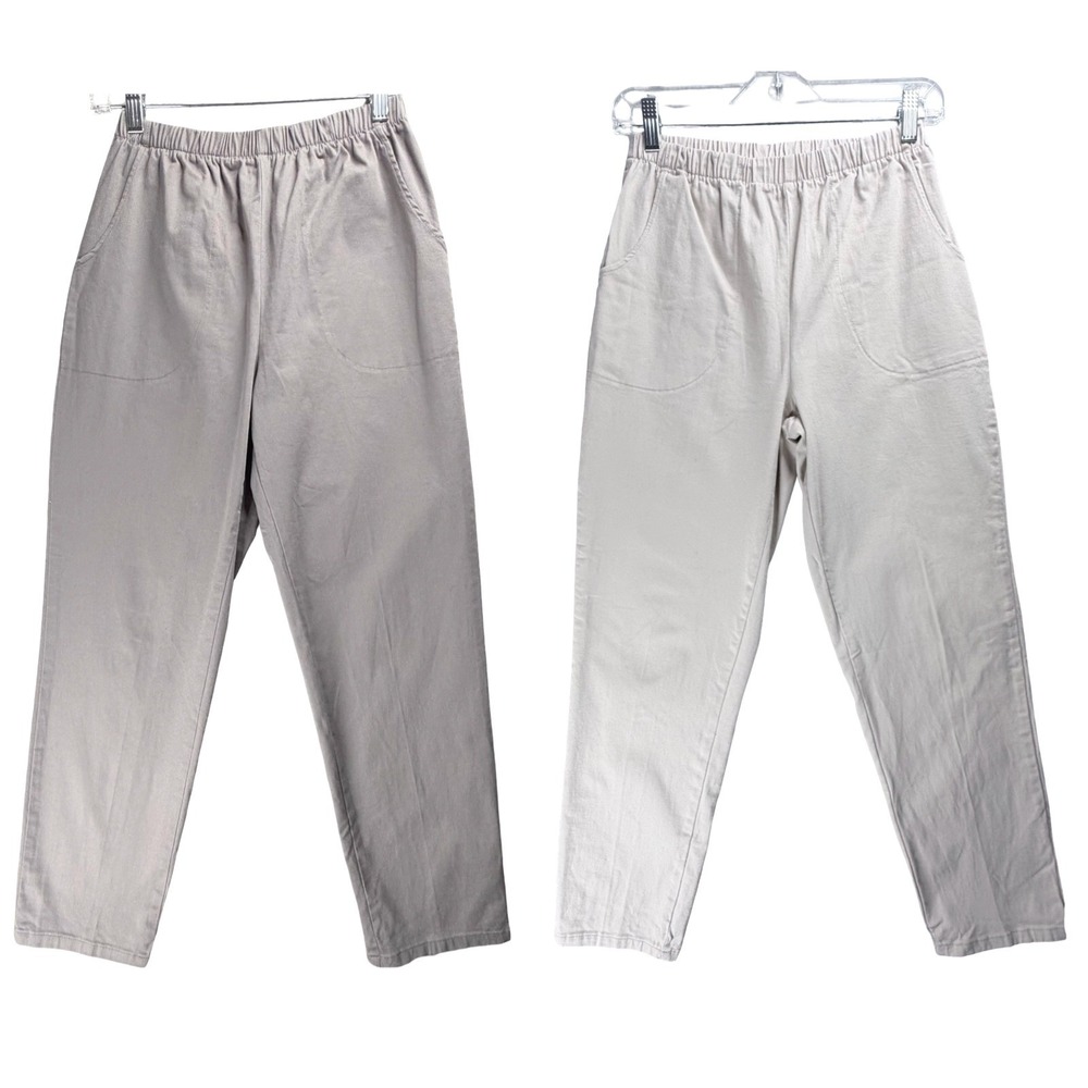 Denim & Co Pants S Petite Gray Tan Straight Elastic Waist Cotton Stretch 2 Pairs